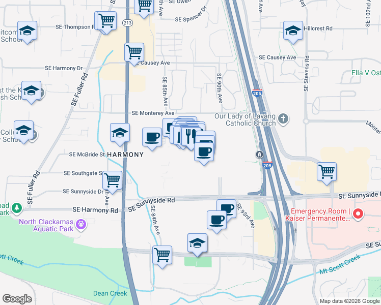 map of restaurants, bars, coffee shops, grocery stores, and more near 12100 Southeast 82nd Avenue in Happy Valley