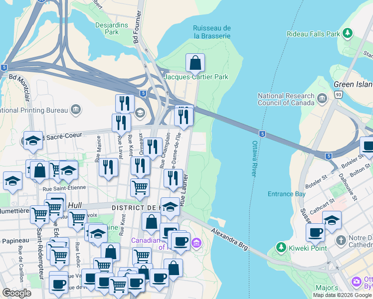 map of restaurants, bars, coffee shops, grocery stores, and more near 199 Rue Laurier in Gatineau