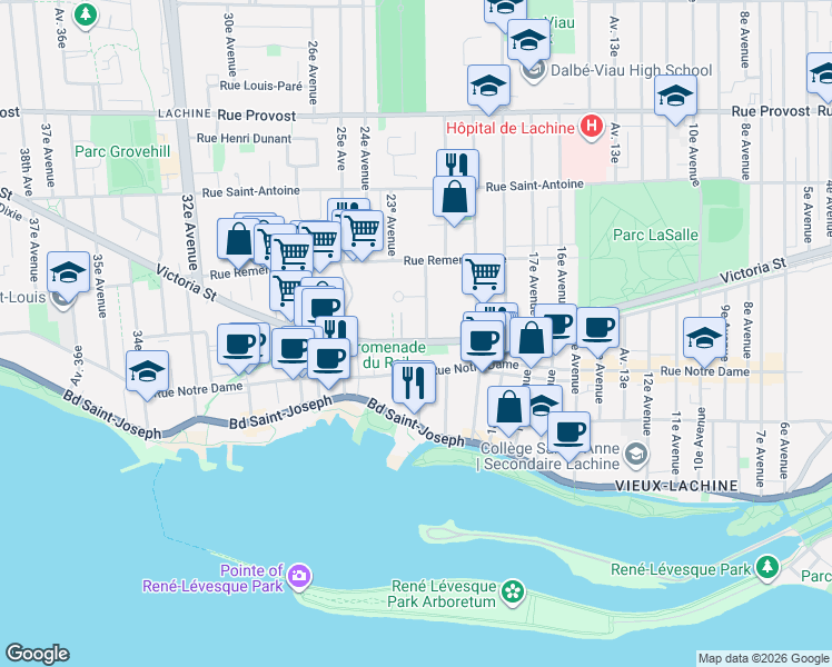 map of restaurants, bars, coffee shops, grocery stores, and more near 2120 Rue Victoria in Montréal