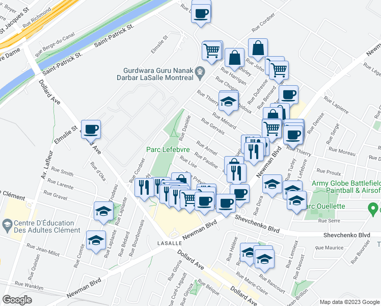 map of restaurants, bars, coffee shops, grocery stores, and more near 2338 Rue Pauline in Montréal
