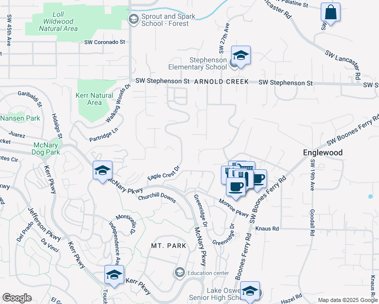 map of restaurants, bars, coffee shops, grocery stores, and more near 44 Eagle Crest Drive in Lake Oswego