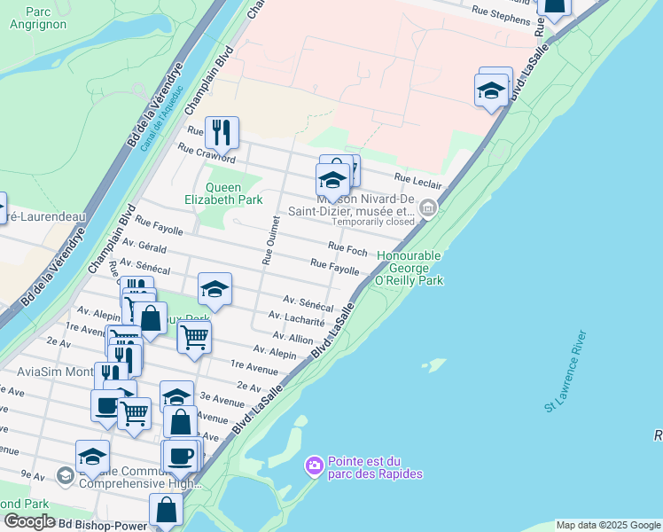map of restaurants, bars, coffee shops, grocery stores, and more near 1309 Rue Fayolle in Verdun