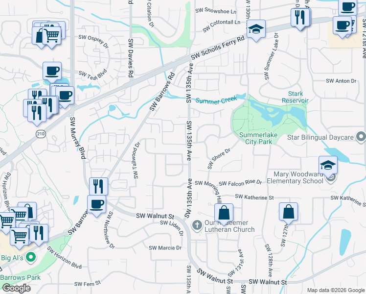 map of restaurants, bars, coffee shops, grocery stores, and more near 11563 Southwest 135th Avenue in Portland