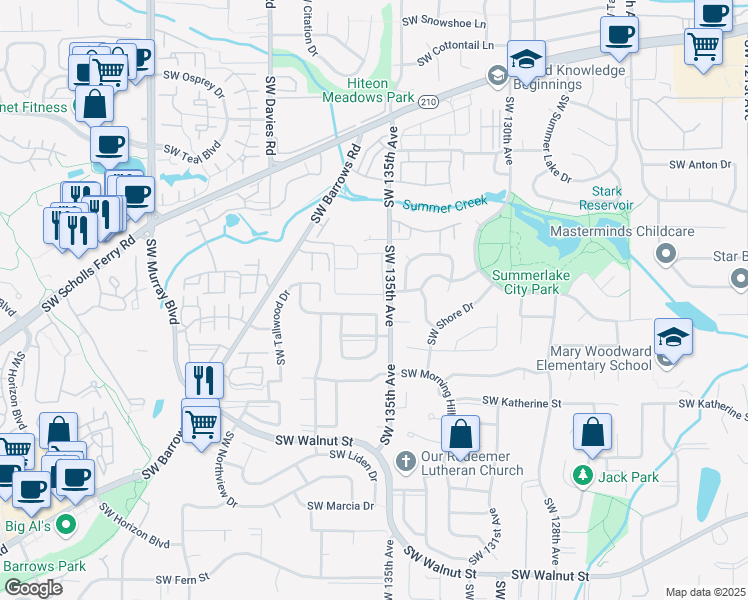 map of restaurants, bars, coffee shops, grocery stores, and more near 11563 Southwest 135th Avenue in Portland