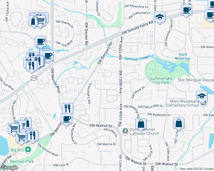 map of restaurants, bars, coffee shops, grocery stores, and more near 11566 Southwest Wood Duck Place in Portland