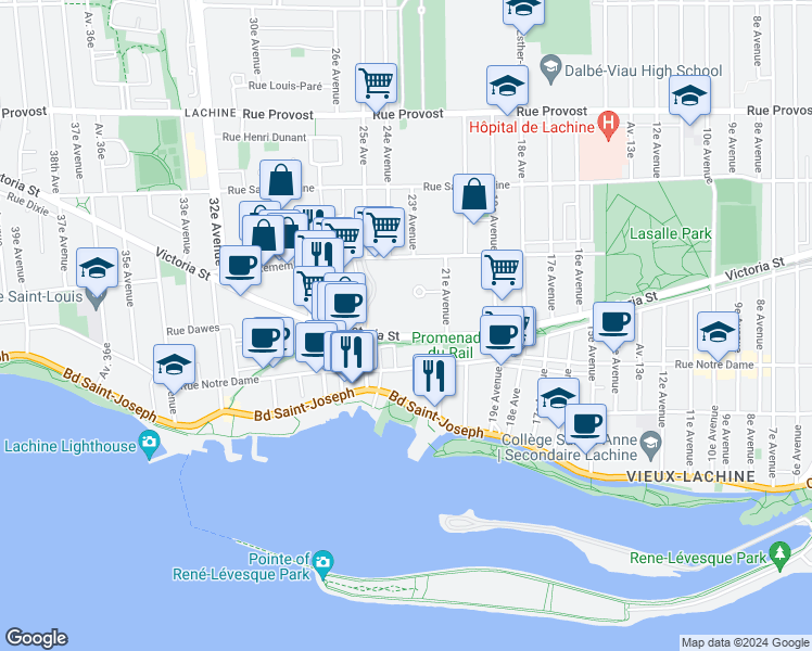 map of restaurants, bars, coffee shops, grocery stores, and more near 2268 Rue Victoria in Montréal