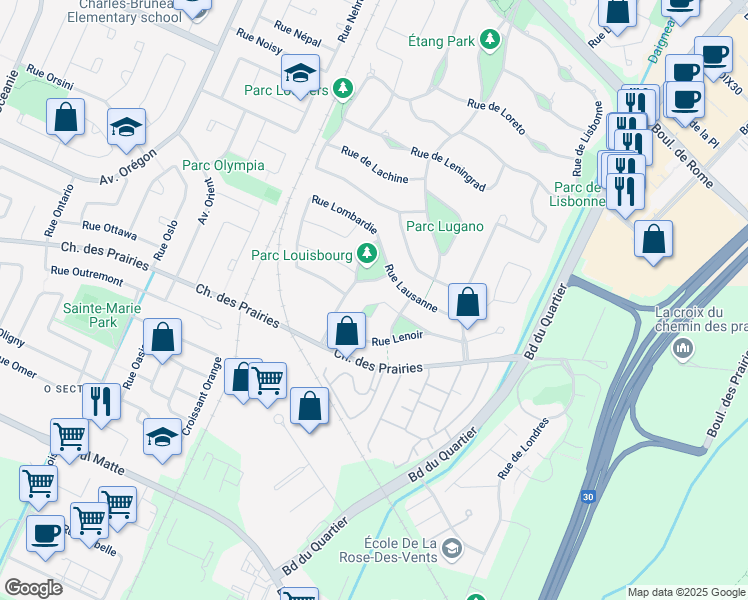 map of restaurants, bars, coffee shops, grocery stores, and more near 4110 Rue Laubia in Brossard