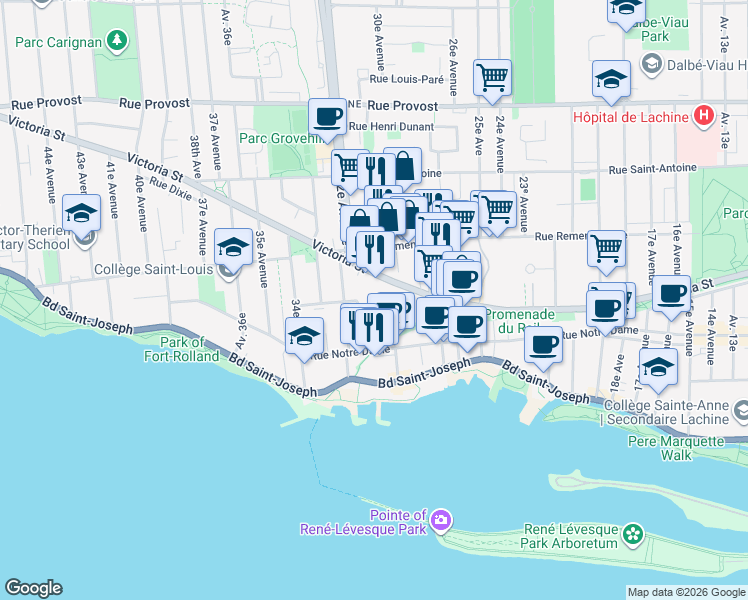 map of restaurants, bars, coffee shops, grocery stores, and more near 3111 Rue Victoria in Montréal
