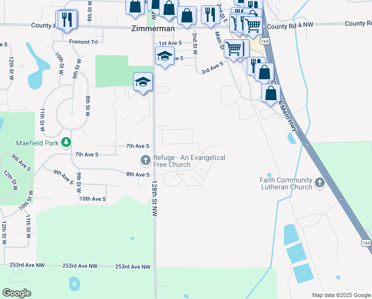 map of restaurants, bars, coffee shops, grocery stores, and more near 25685 3rd Street West in Zimmerman