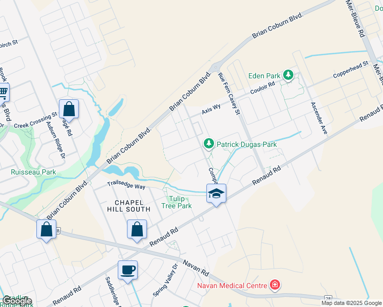 map of restaurants, bars, coffee shops, grocery stores, and more near 268 Shinleaf Crescent in Ottawa