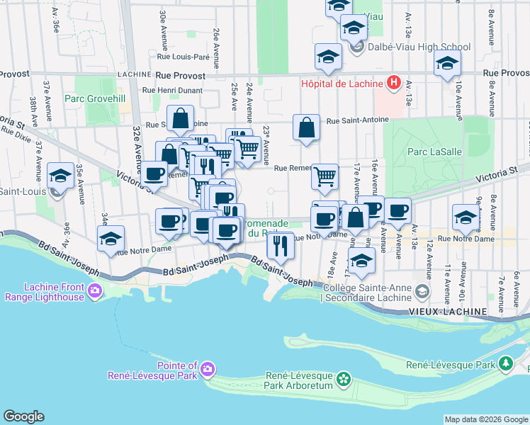map of restaurants, bars, coffee shops, grocery stores, and more near 2268 Rue Victoria in Montréal