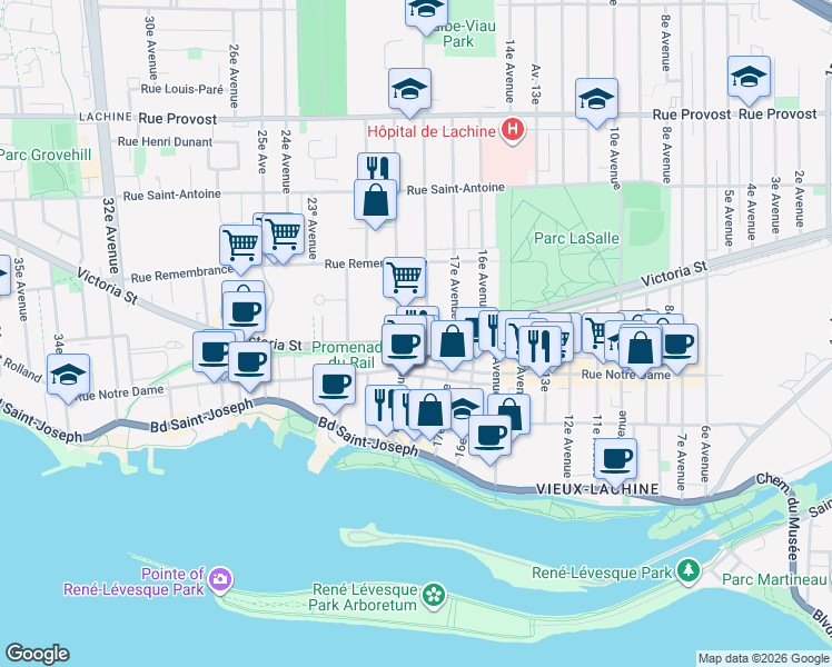 map of restaurants, bars, coffee shops, grocery stores, and more near 1820 Victoria Street in Montreal