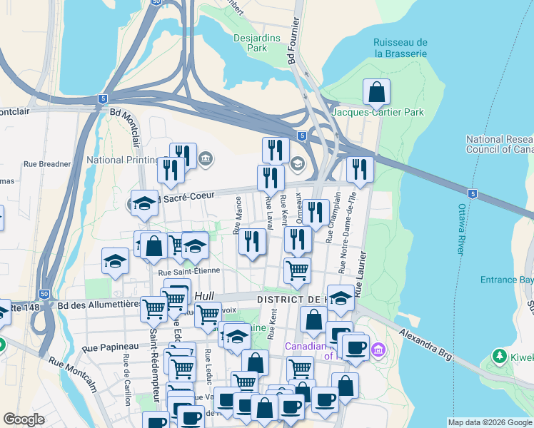 map of restaurants, bars, coffee shops, grocery stores, and more near 207 Rue Laval in Gatineau