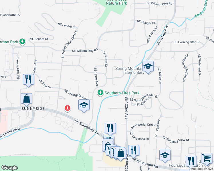 map of restaurants, bars, coffee shops, grocery stores, and more near 11861 Southeast Southern Lites Drive in Happy Valley