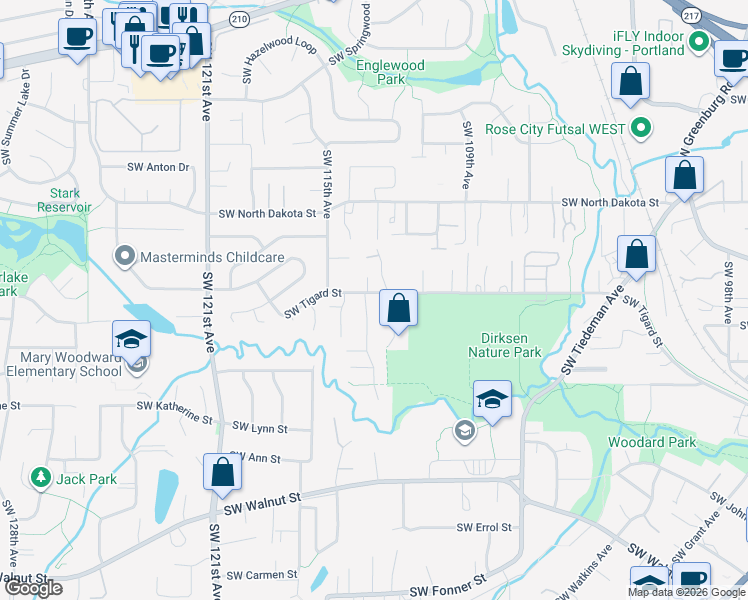 map of restaurants, bars, coffee shops, grocery stores, and more near 11355 Southwest Tigard Street in Tigard