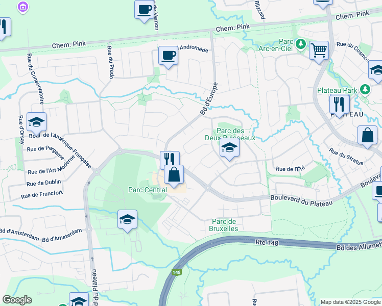 map of restaurants, bars, coffee shops, grocery stores, and more near 33 Rue Cassiopée in Gatineau