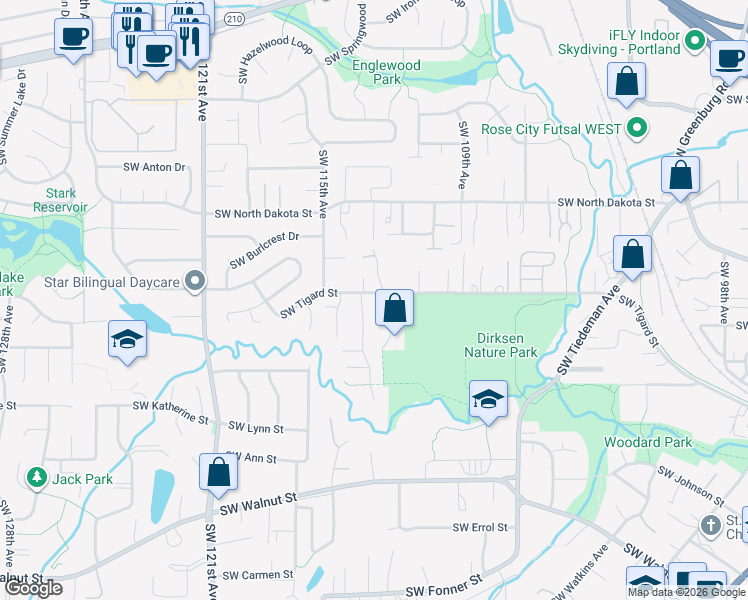 map of restaurants, bars, coffee shops, grocery stores, and more near 11355 Southwest Tigard Street in Tigard