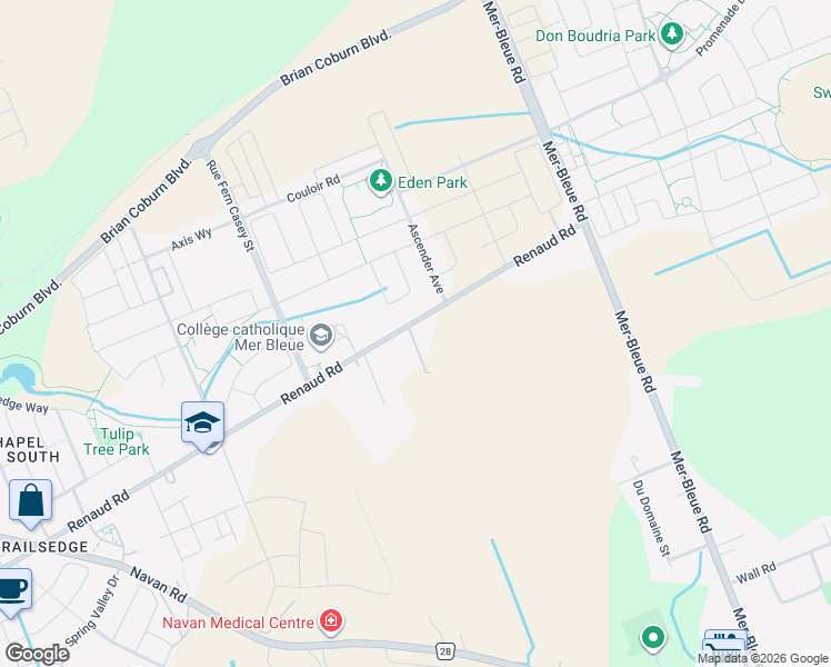 map of restaurants, bars, coffee shops, grocery stores, and more near 6480 Renaud Road in Ottawa