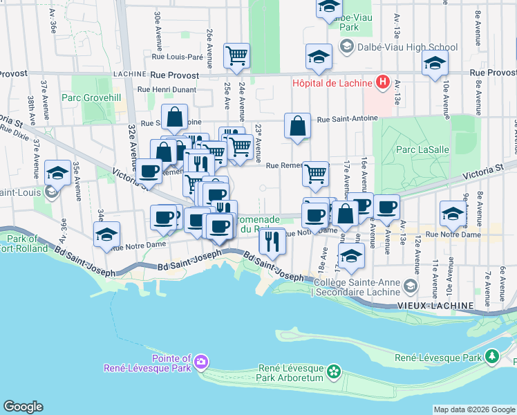 map of restaurants, bars, coffee shops, grocery stores, and more near 2244 Rue Victoria in Montréal