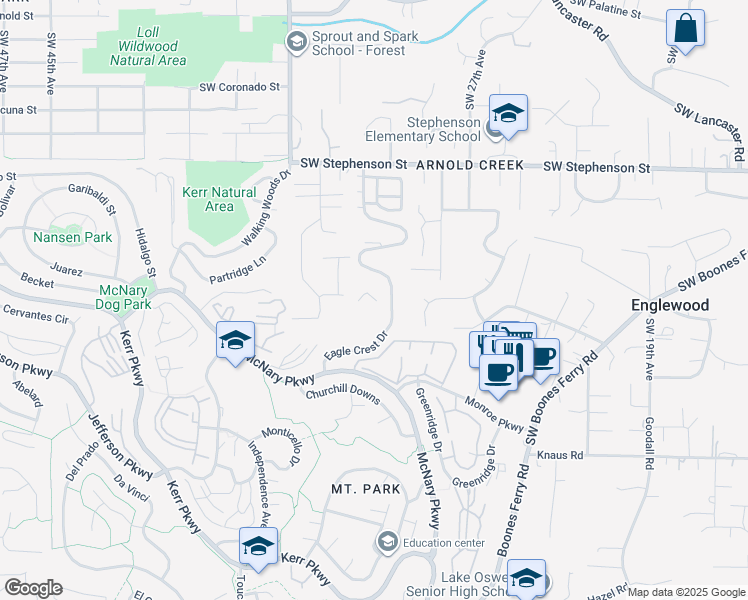 map of restaurants, bars, coffee shops, grocery stores, and more near 47 Eagle Crest Drive in Lake Oswego