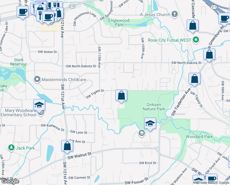 map of restaurants, bars, coffee shops, grocery stores, and more near 11355 Southwest Tigard Street in Tigard