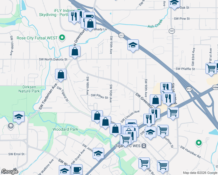 map of restaurants, bars, coffee shops, grocery stores, and more near 11605 Southwest 95th Avenue in Tigard