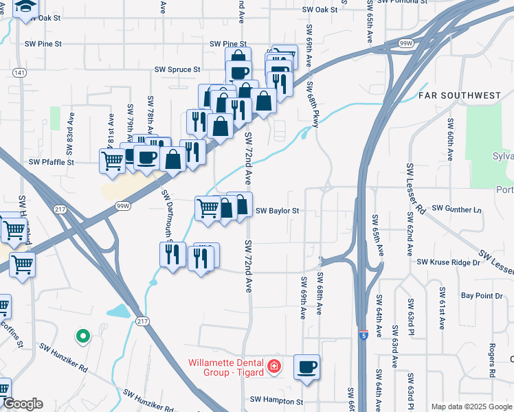 map of restaurants, bars, coffee shops, grocery stores, and more near 11600 Southwest 72nd Avenue in Tigard
