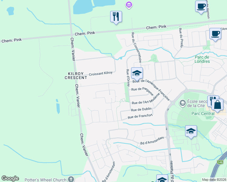 map of restaurants, bars, coffee shops, grocery stores, and more near 99 Rue du Pirée in Gatineau
