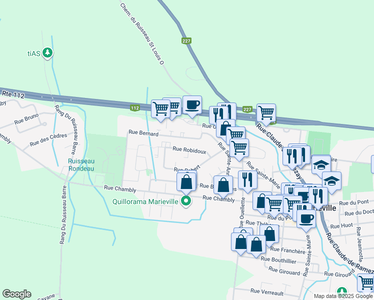 map of restaurants, bars, coffee shops, grocery stores, and more near Rue Robidoux in Marieville