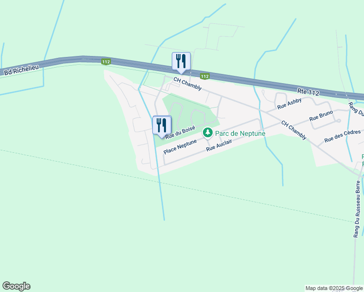 map of restaurants, bars, coffee shops, grocery stores, and more near Rue de Neptune in Marieville