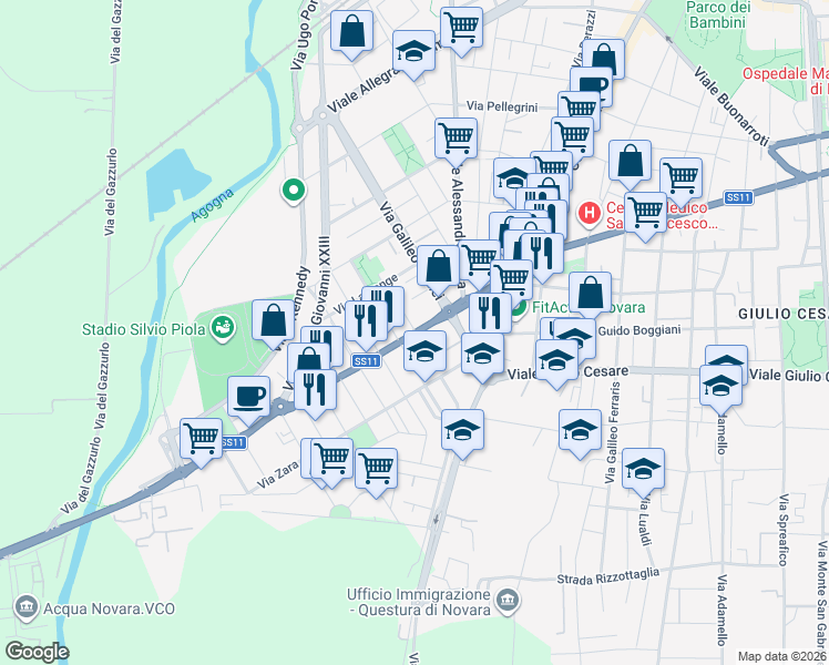 map of restaurants, bars, coffee shops, grocery stores, and more near 24 Corso Vercelli in Novara