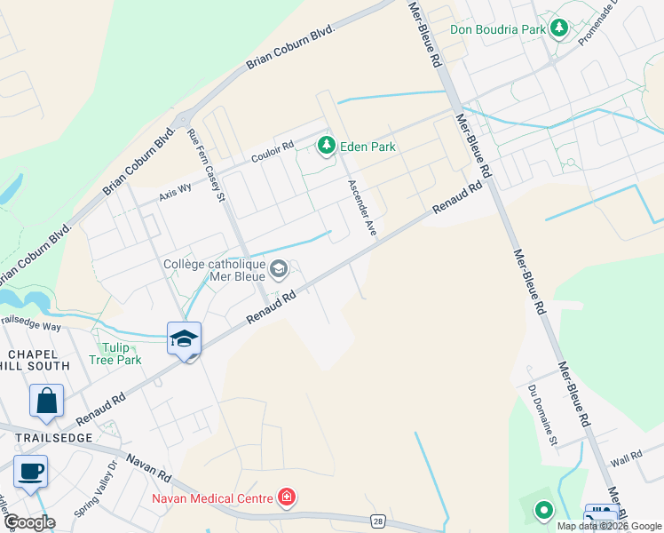 map of restaurants, bars, coffee shops, grocery stores, and more near 6460 Renaud Road in Ottawa