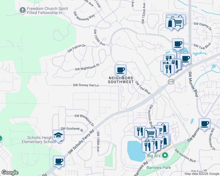 map of restaurants, bars, coffee shops, grocery stores, and more near 15606 Southwest Snowy Owl Lane in Beaverton