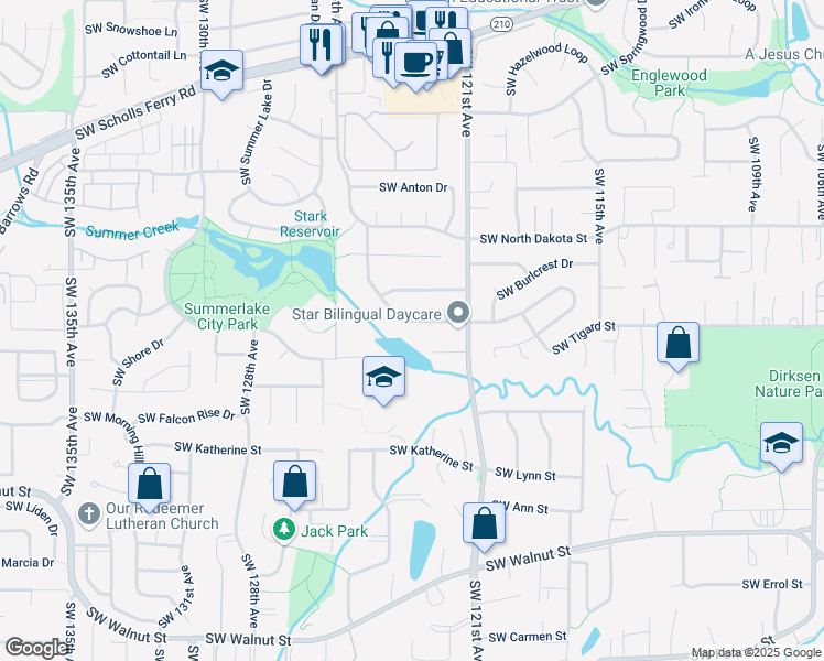 map of restaurants, bars, coffee shops, grocery stores, and more near 12205 Southwest Summer Crest Drive in Tigard