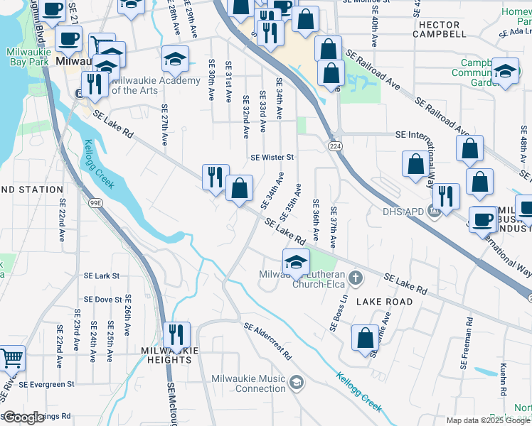 map of restaurants, bars, coffee shops, grocery stores, and more near 3405 Southeast Lake Road in Milwaukie