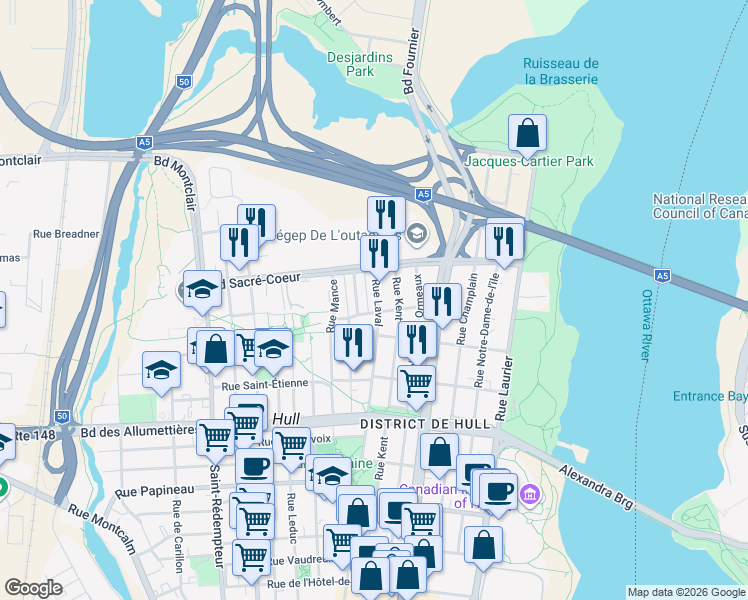 map of restaurants, bars, coffee shops, grocery stores, and more near 209 Rue Laval in Gatineau