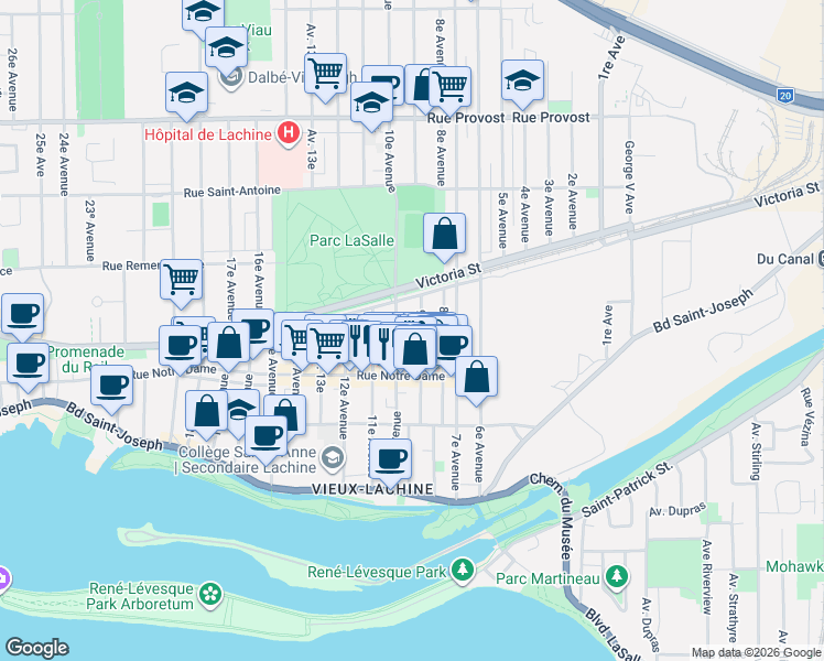 map of restaurants, bars, coffee shops, grocery stores, and more near 325 9e Avenue in Montréal