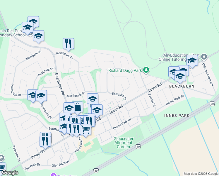 map of restaurants, bars, coffee shops, grocery stores, and more near 60 Wedgewood Crescent in Ottawa