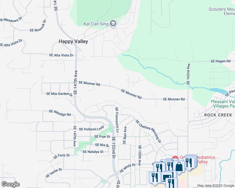 map of restaurants, bars, coffee shops, grocery stores, and more near 15050 Southeast Monner Road in Happy Valley