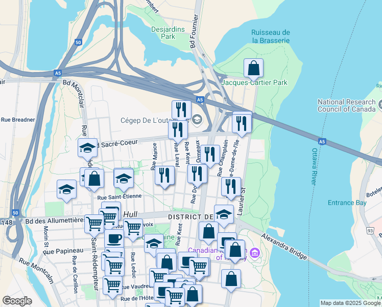 map of restaurants, bars, coffee shops, grocery stores, and more near 212 Rue Kent in Gatineau
