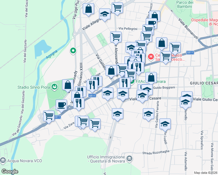 map of restaurants, bars, coffee shops, grocery stores, and more near 18-24 Corso Vercelli in Novara