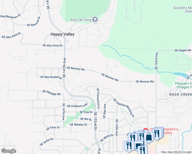 map of restaurants, bars, coffee shops, grocery stores, and more near 15050 Southeast Monner Road in Happy Valley