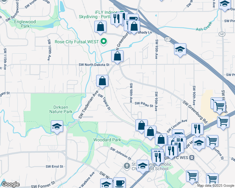 map of restaurants, bars, coffee shops, grocery stores, and more near 9957 Southwest Scott Court in Portland
