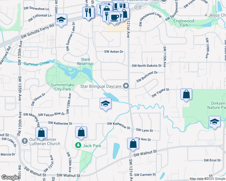 map of restaurants, bars, coffee shops, grocery stores, and more near 12205 Southwest Summer Crest Drive in Tigard