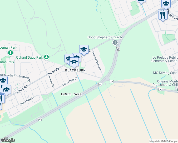 map of restaurants, bars, coffee shops, grocery stores, and more near 2368 Keystone Court in Ottawa
