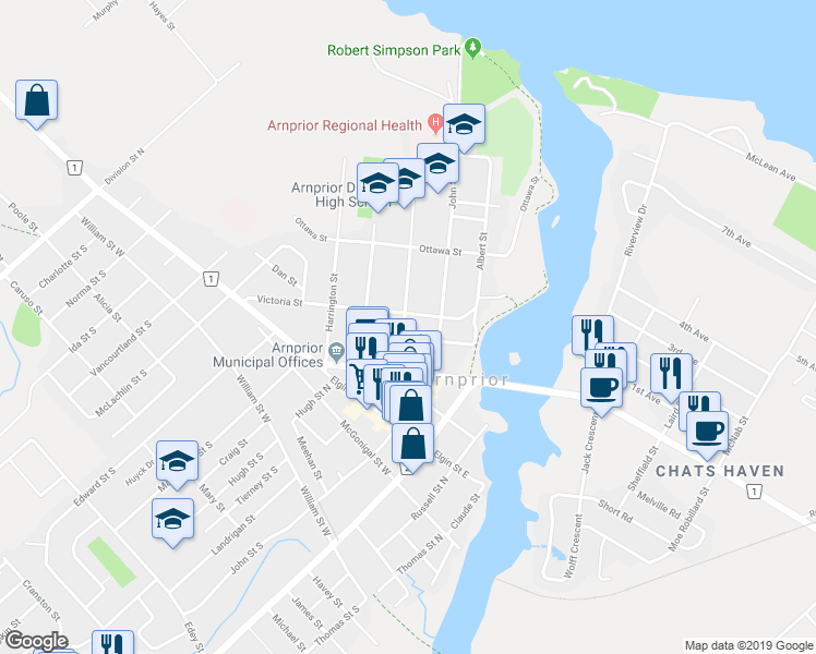 map of restaurants, bars, coffee shops, grocery stores, and more near 211 Bell Street in Arnprior