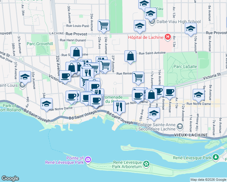 map of restaurants, bars, coffee shops, grocery stores, and more near 2280 Victoria Street in Montrã©Al