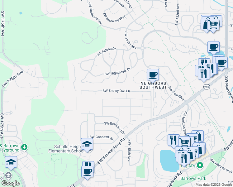 map of restaurants, bars, coffee shops, grocery stores, and more near 15940 Southwest Snowy Owl Lane in Beaverton