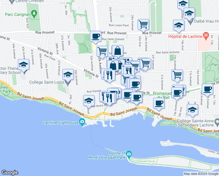map of restaurants, bars, coffee shops, grocery stores, and more near 3111 Rue Victoria in Montréal