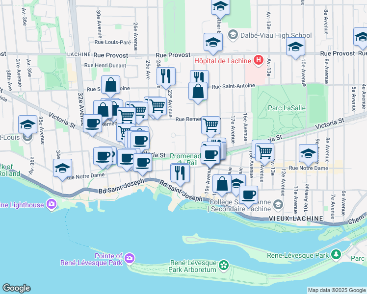 map of restaurants, bars, coffee shops, grocery stores, and more near 427 21e Av in Montréal